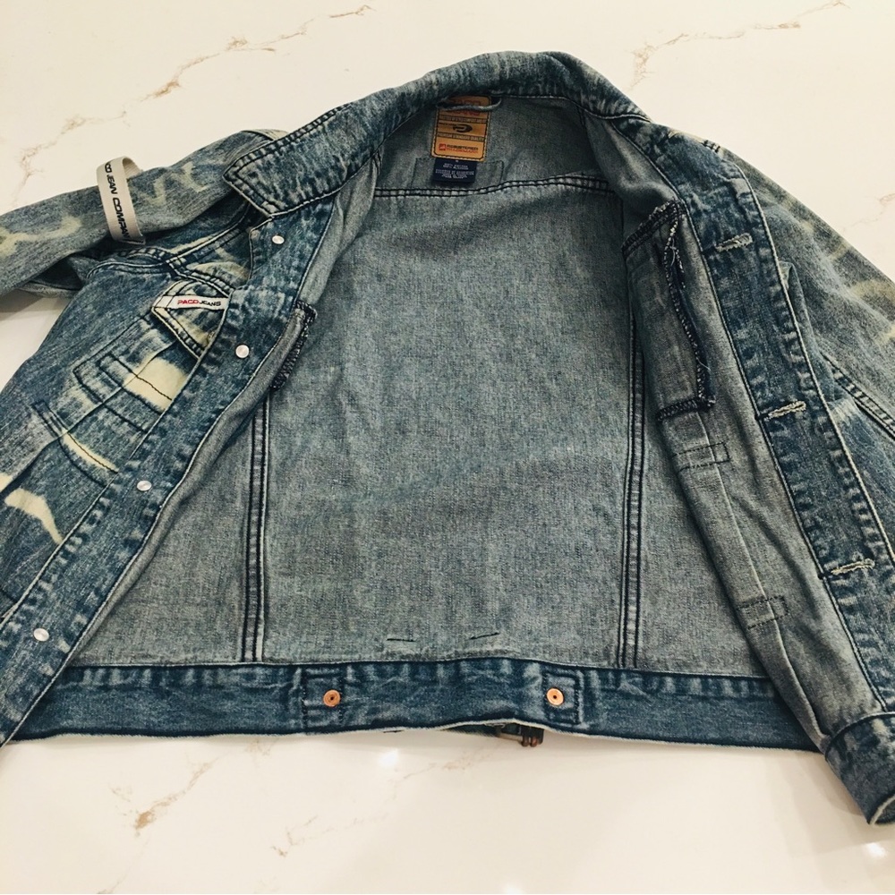 Vintage 2000 Paco Jeans Med Wash Mixed Distressed Denim Jacket Mens Size Small. - Picture 6 of 11